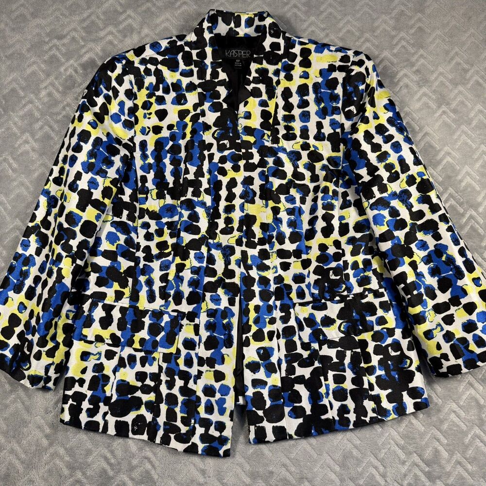 Kasper Women's Blazer Jacket Petite Size 8P Blue Floral Geo Print‎ Long Sleeve